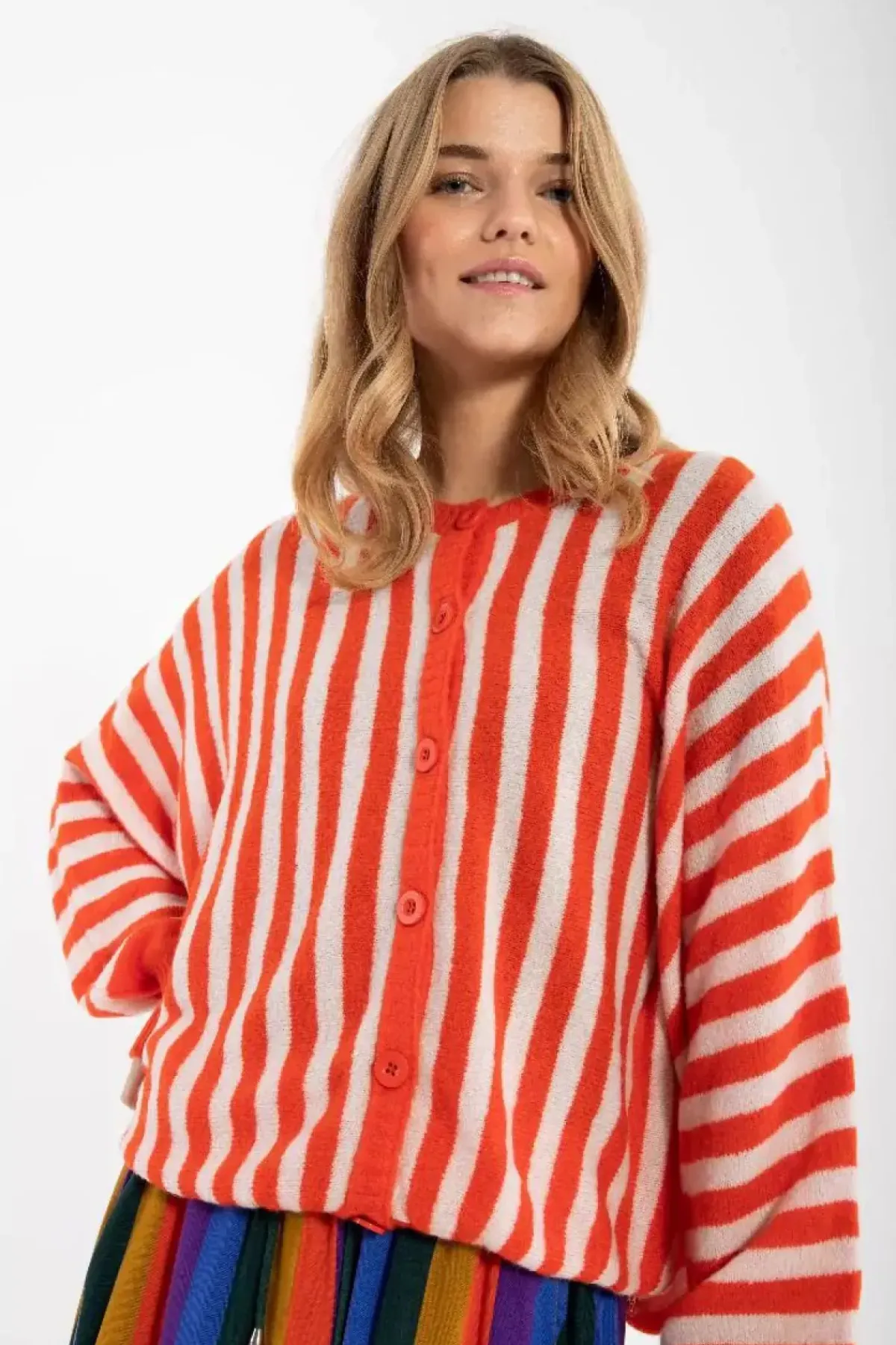 Danefæ Cardigan>Danecaring Light Wool Cardigan Beige Rose/Bright Red