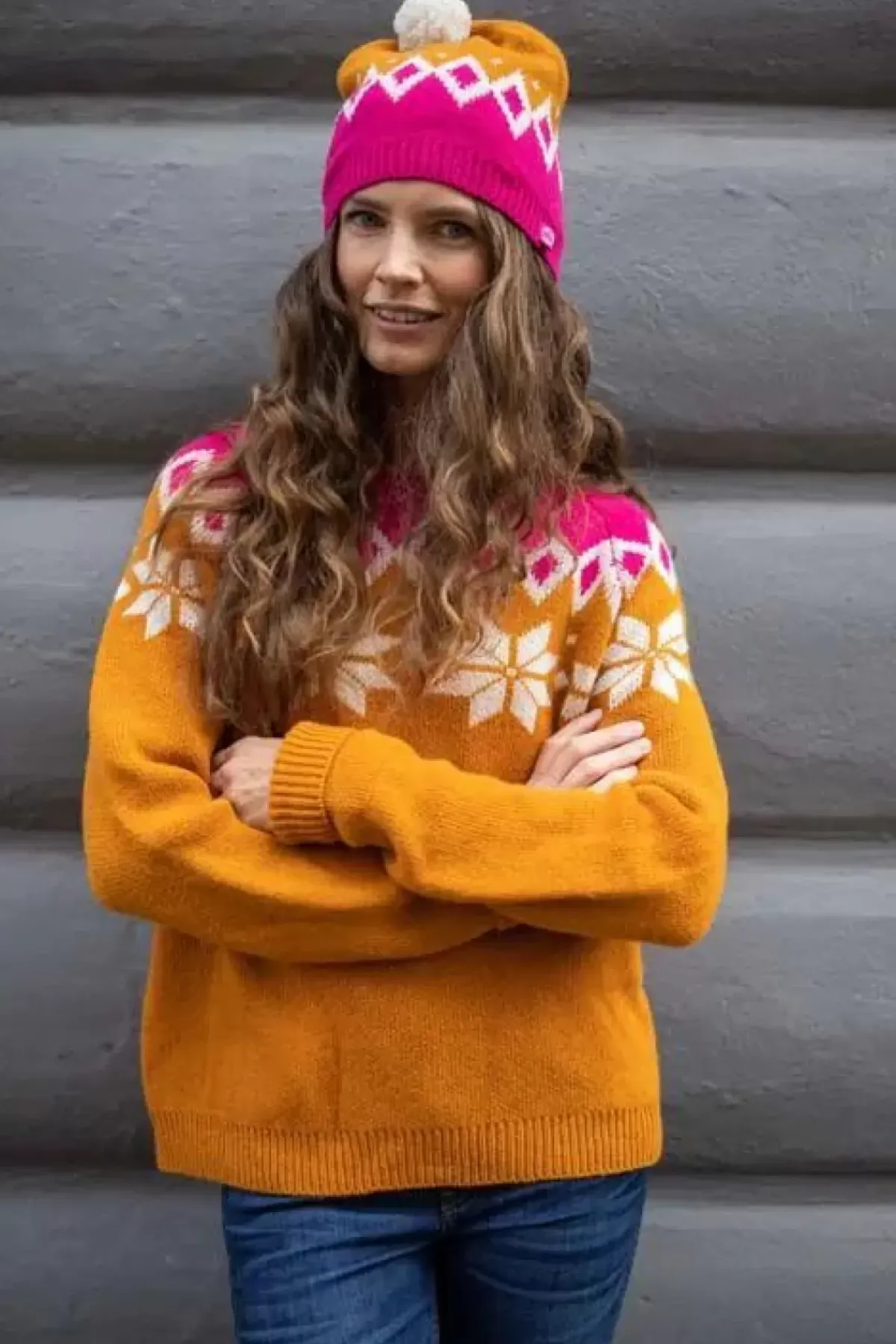 Danefæ Mützen/Hute>Danecountry Beanie Honey_Offwhite/Hotpink