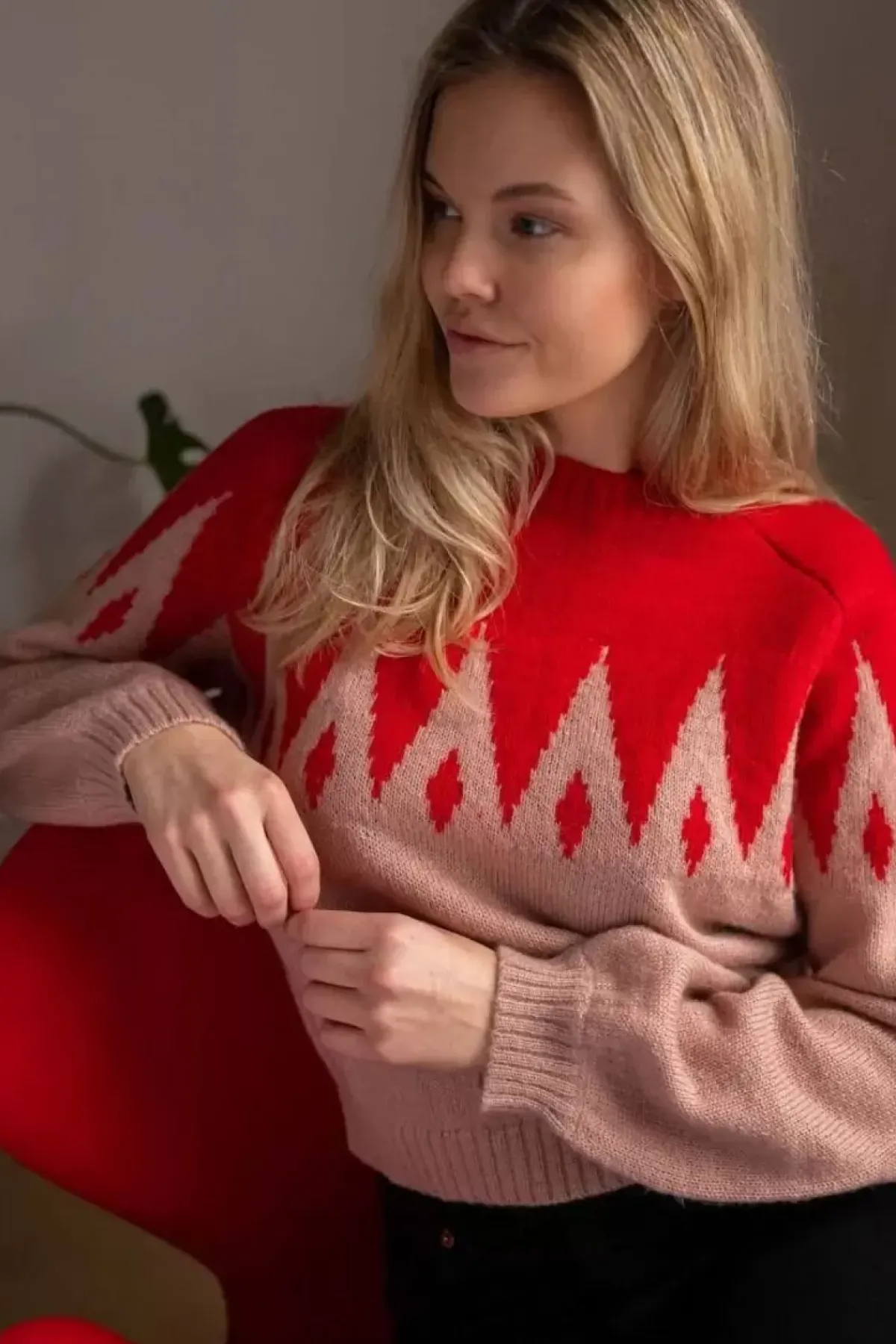 Danefæ Strickwaren>Danefantastic Icicles Wool Sweater Red/Powder Rose