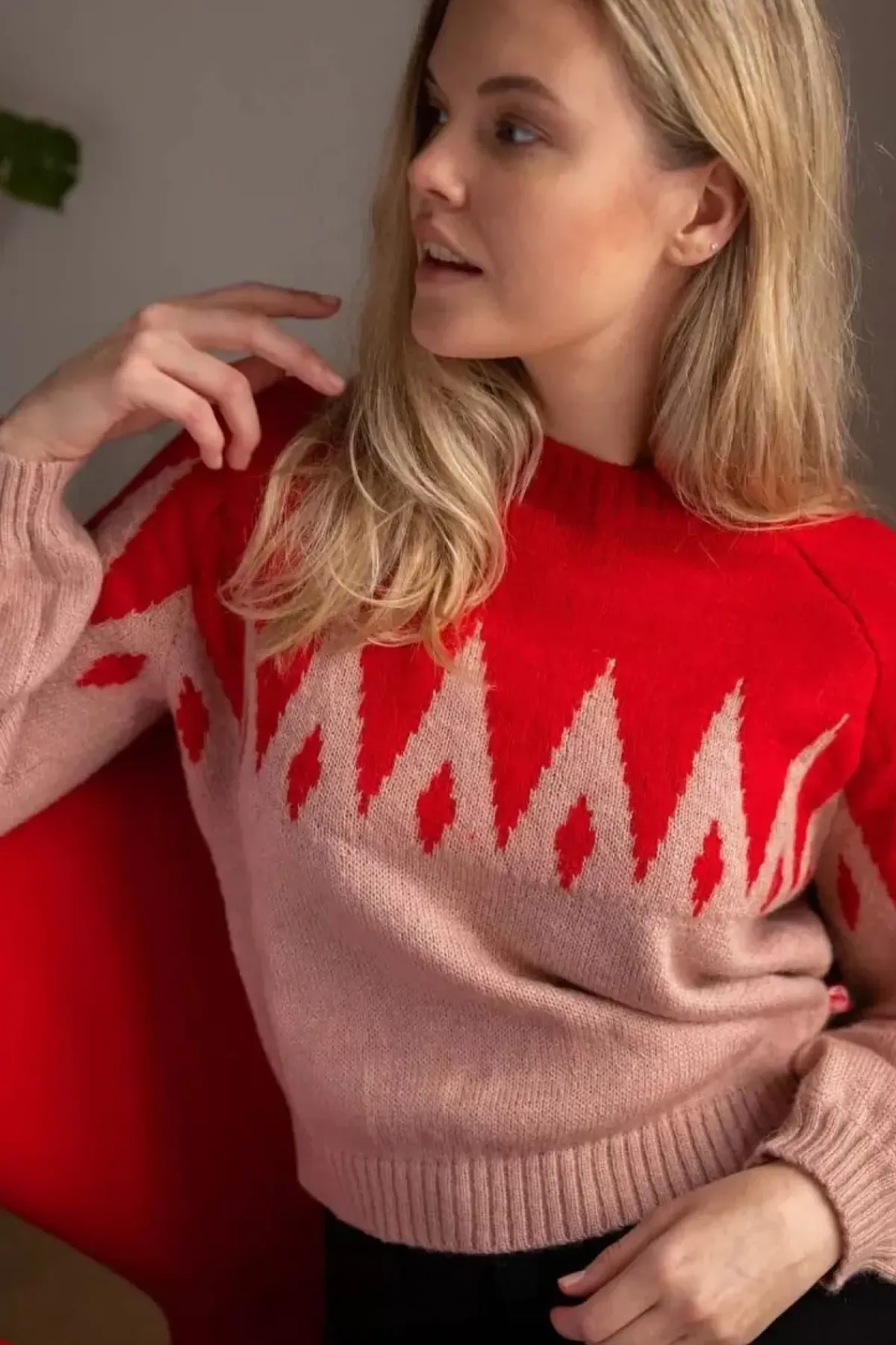Danefæ Strickwaren>Danefantastic Icicles Wool Sweater Red/Powder Rose