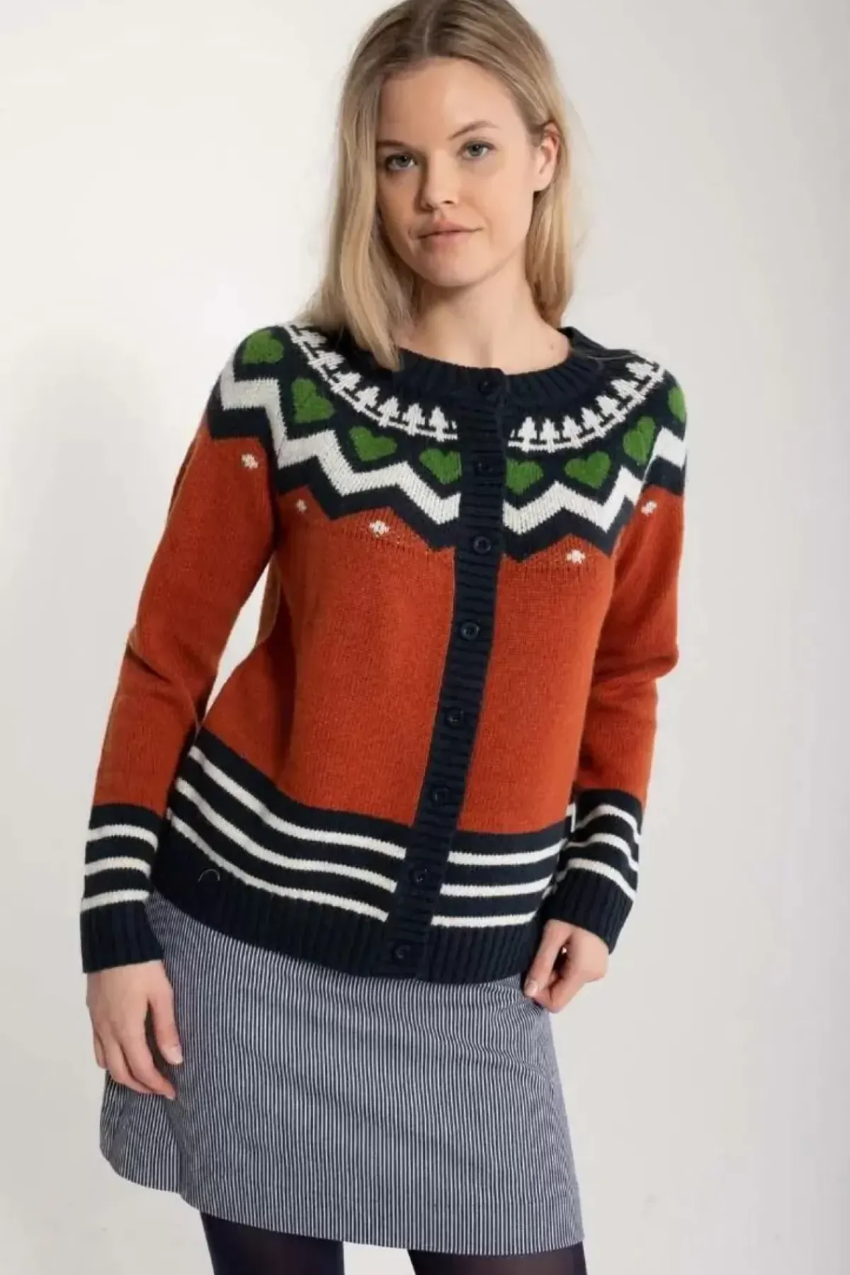 Danefæ Cardigan>Danehareskov Cardigan Brick/Dk Navy/Chalk