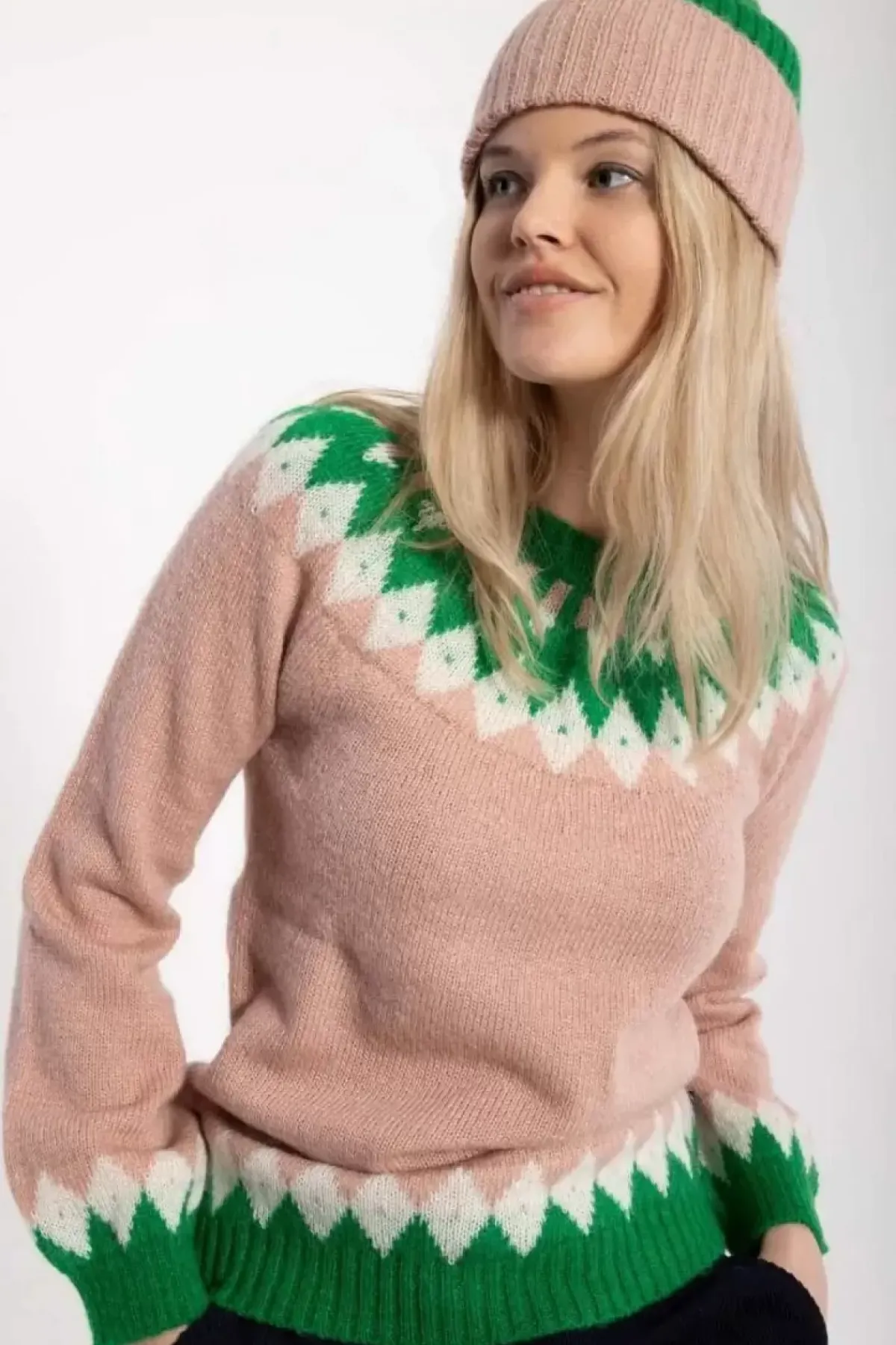Danefæ Strickwaren>Danehot Stove Mohair Sweater Powder Rose/Chalk/Green