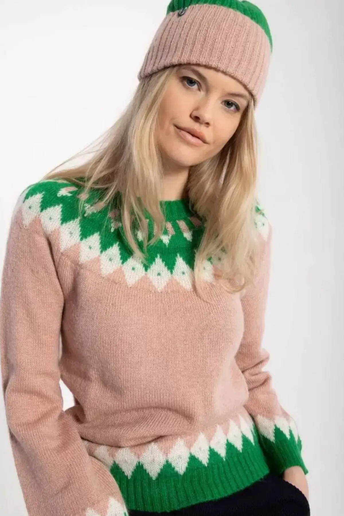 Danefæ Strickwaren>Danehot Stove Mohair Sweater Powder Rose/Chalk/Green