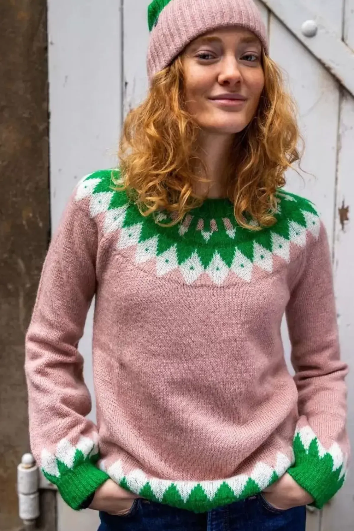 Danefæ Strickwaren>Danehot Stove Mohair Sweater Powder Rose/Chalk/Green