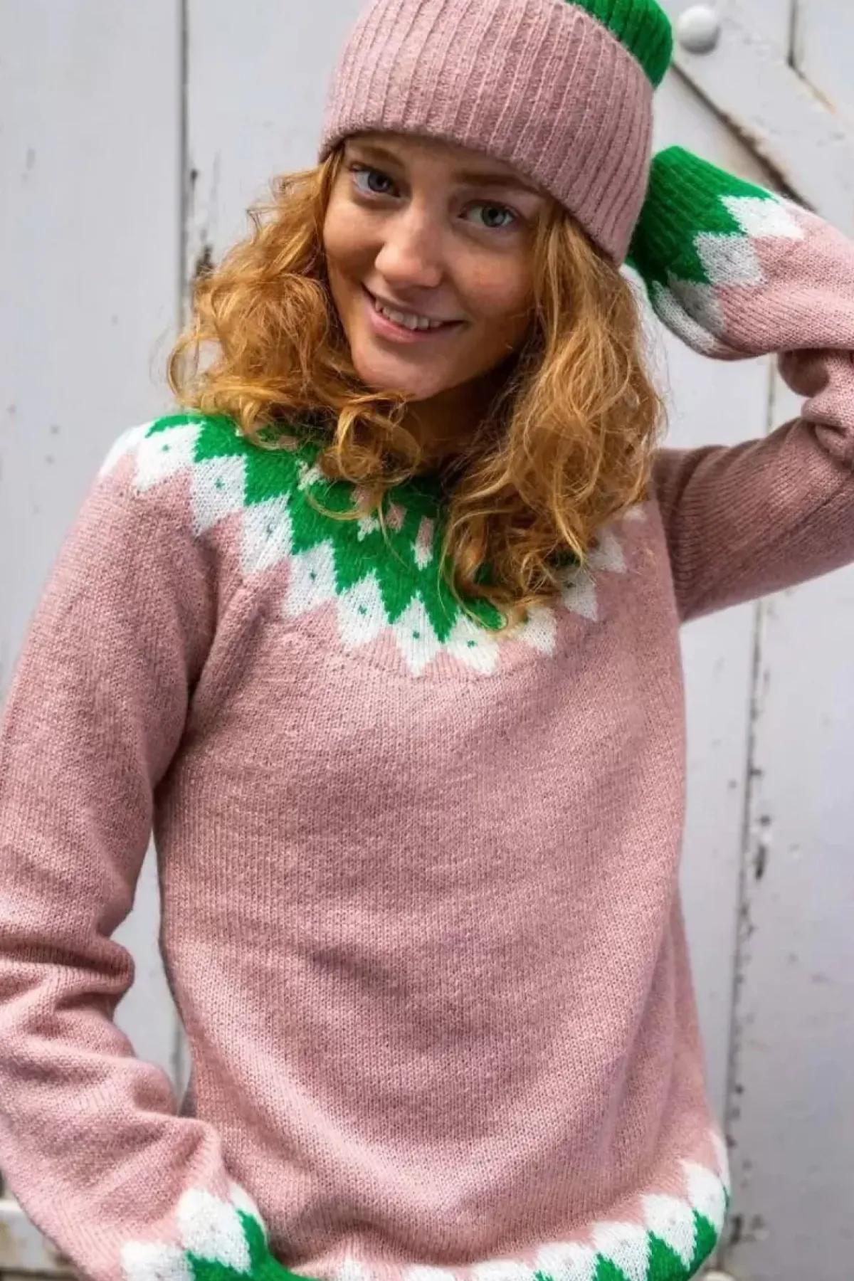 Danefæ Strickwaren>Danehot Stove Mohair Sweater Powder Rose/Chalk/Green